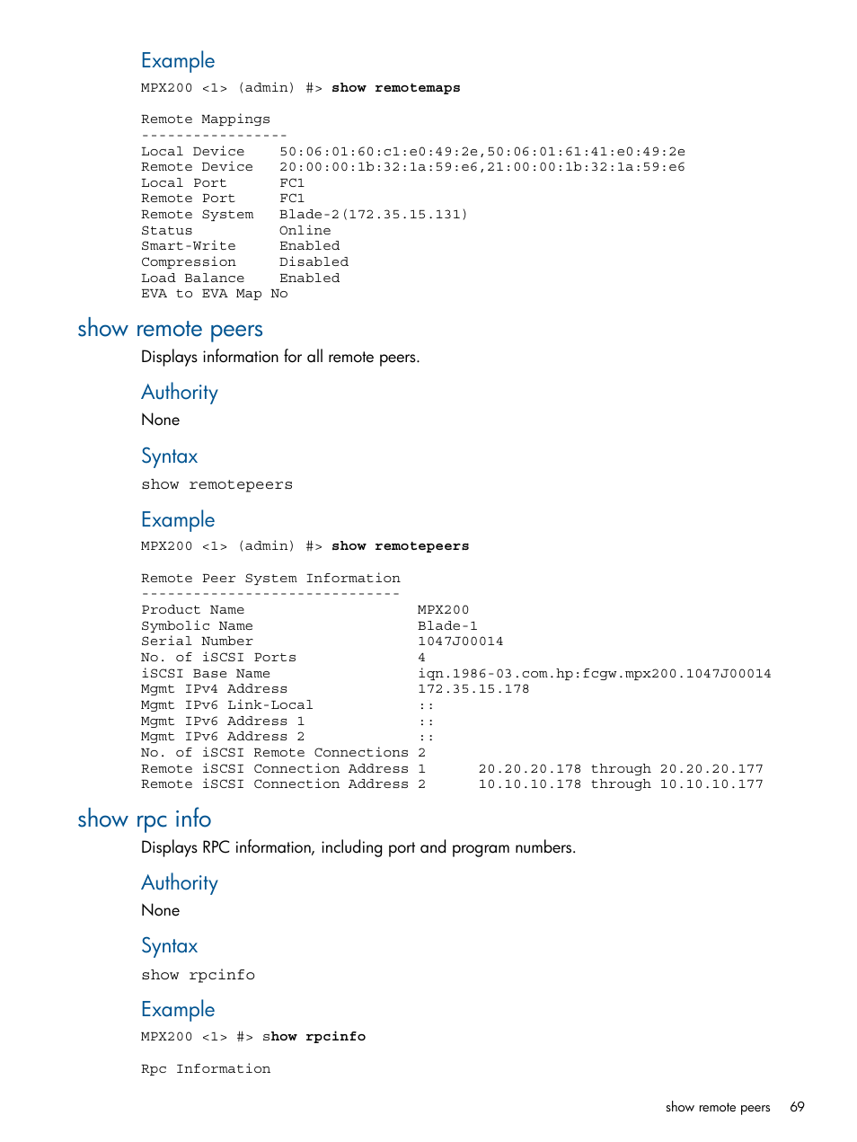 Show remote peers, Show rpc info, Show remote peers show rpc info | HP MPX200 Multifunction Router User Manual | Page 69 / 147