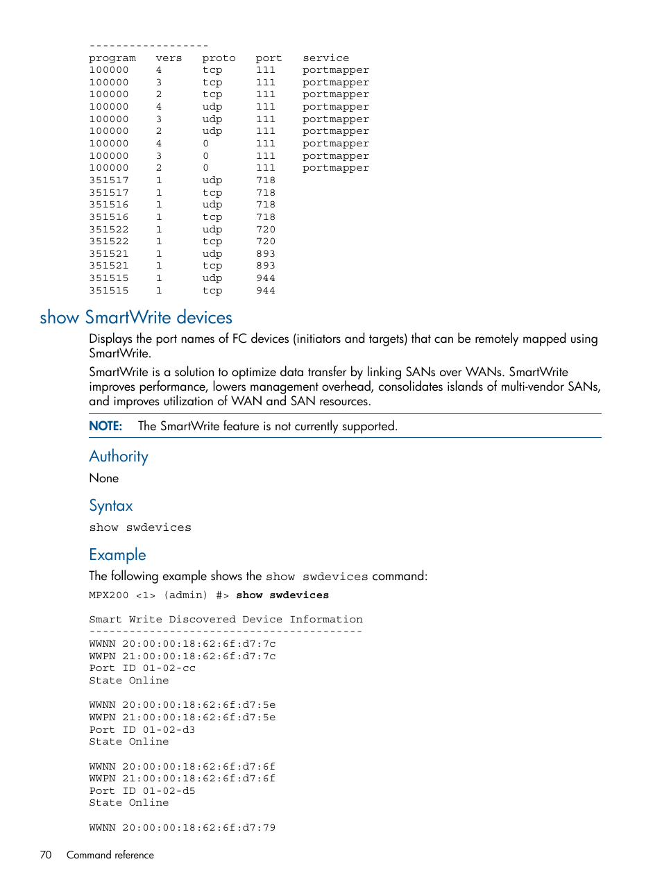 Show smartwrite devices, Authority, Syntax | Example | HP MPX200 Multifunction Router User Manual | Page 70 / 147