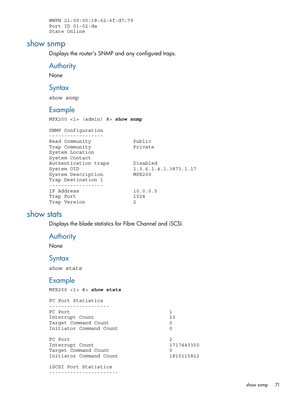 Show snmp, Show stats, Show snmp show stats | Authority, Syntax, Example | HP MPX200 Multifunction Router User Manual | Page 71 / 147