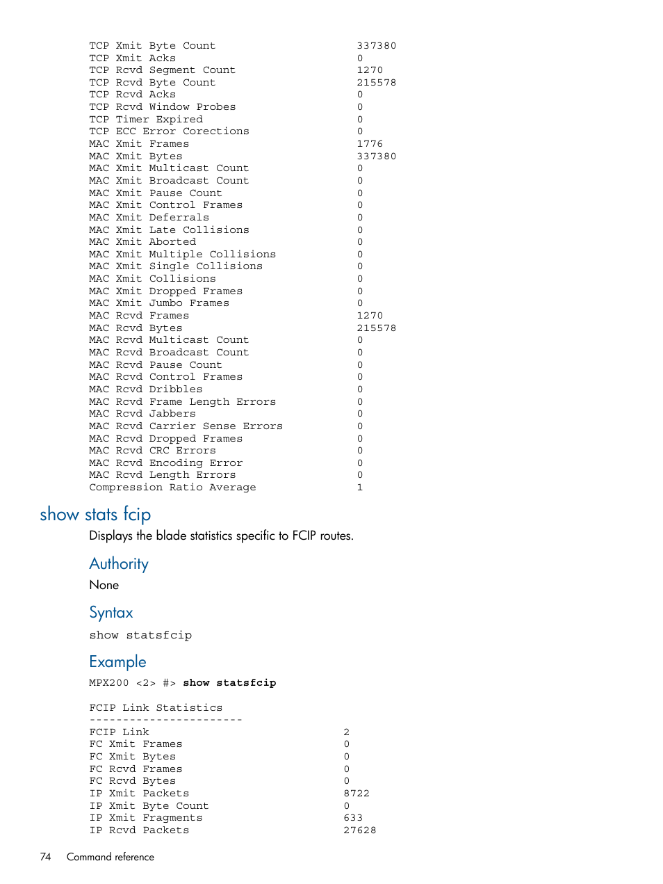 Show stats fcip, Authority, Syntax | Example | HP MPX200 Multifunction Router User Manual | Page 74 / 147