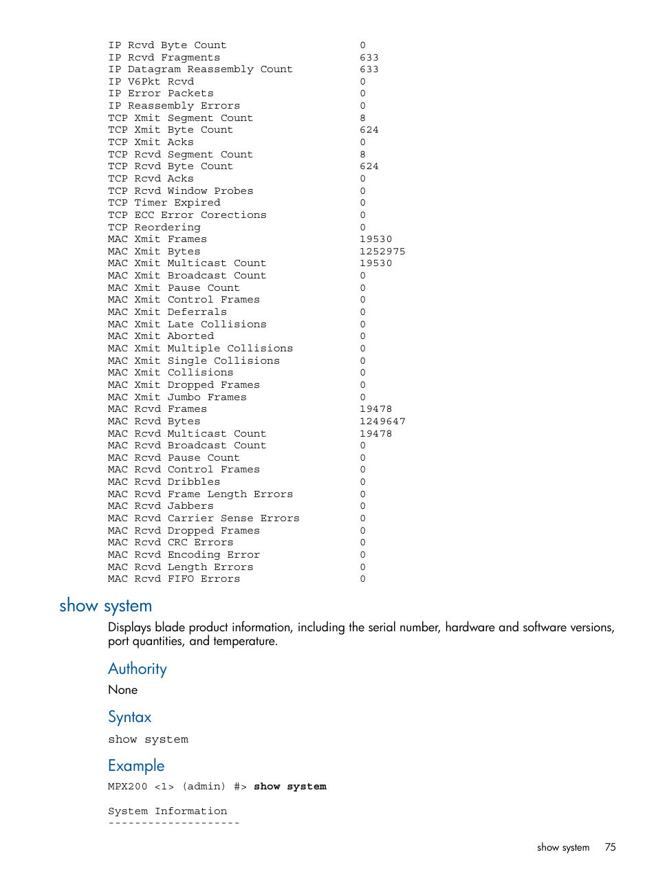 Show system, Authority, Syntax | Example | HP MPX200 Multifunction Router User Manual | Page 75 / 147