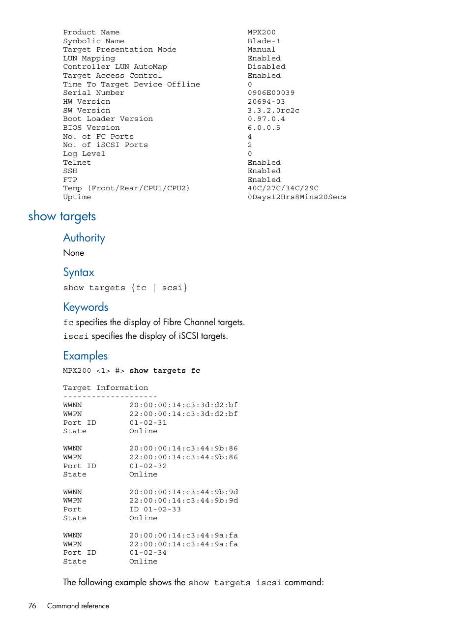 Show targets, Authority, Syntax | Keywords, Examples | HP MPX200 Multifunction Router User Manual | Page 76 / 147