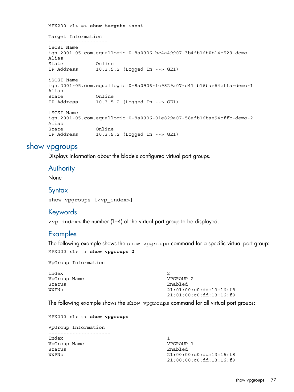 Show vpgroups, Authority, Syntax | Keywords, Examples | HP MPX200 Multifunction Router User Manual | Page 77 / 147