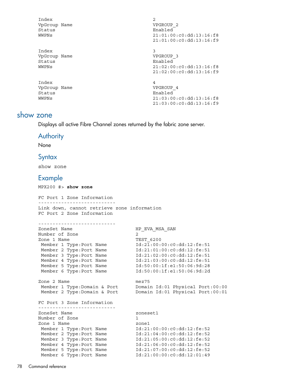 Show zone, Authority, Syntax | Example | HP MPX200 Multifunction Router User Manual | Page 78 / 147