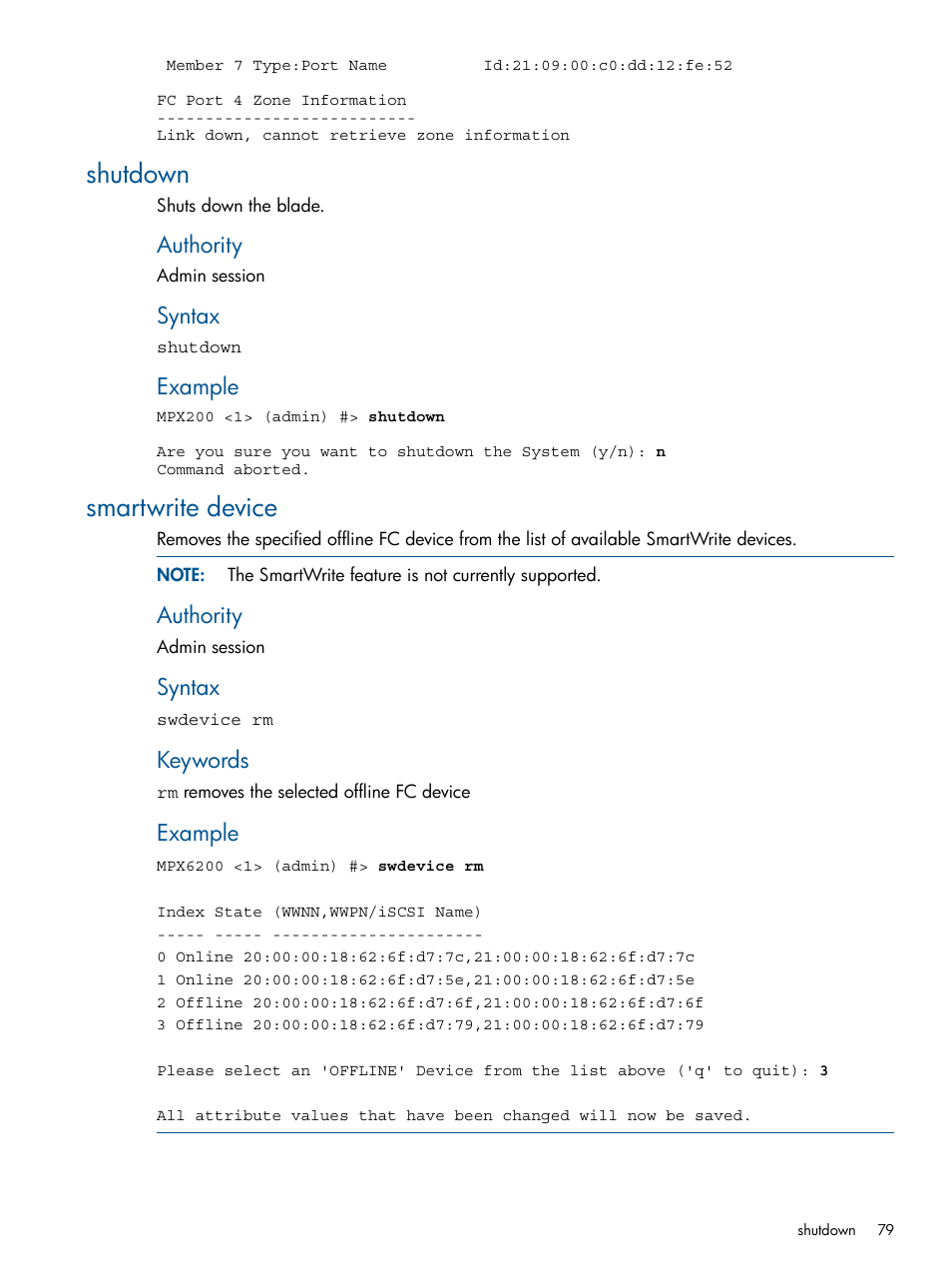 Shutdown, Smartwrite device, Shutdown smartwrite device | Authority, Syntax, Example, Keywords | HP MPX200 Multifunction Router User Manual | Page 79 / 147