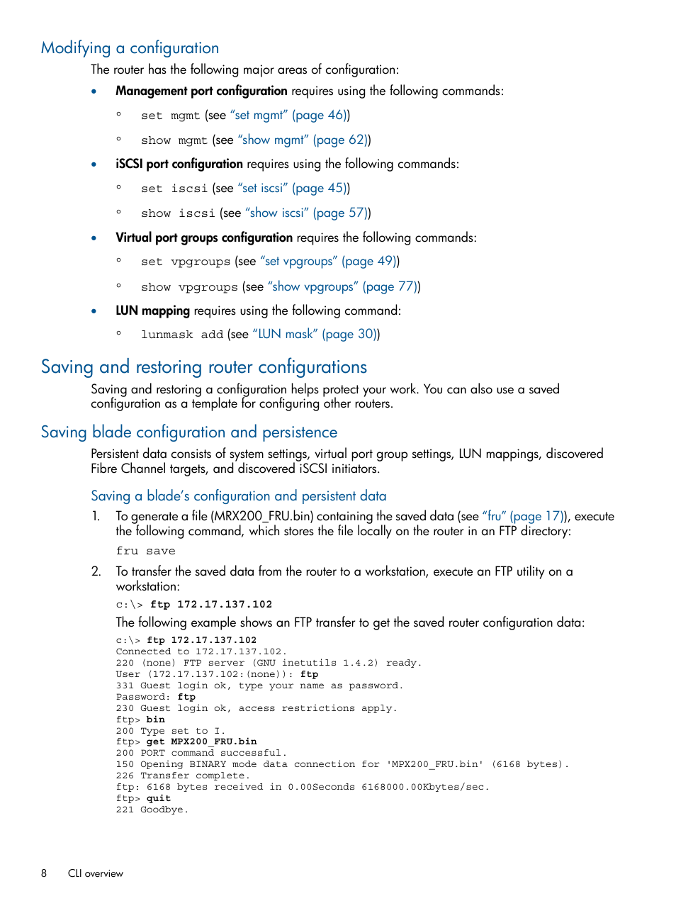 Modifying a configuration, Saving and restoring router configurations, Saving blade configuration and persistence | HP MPX200 Multifunction Router User Manual | Page 8 / 147