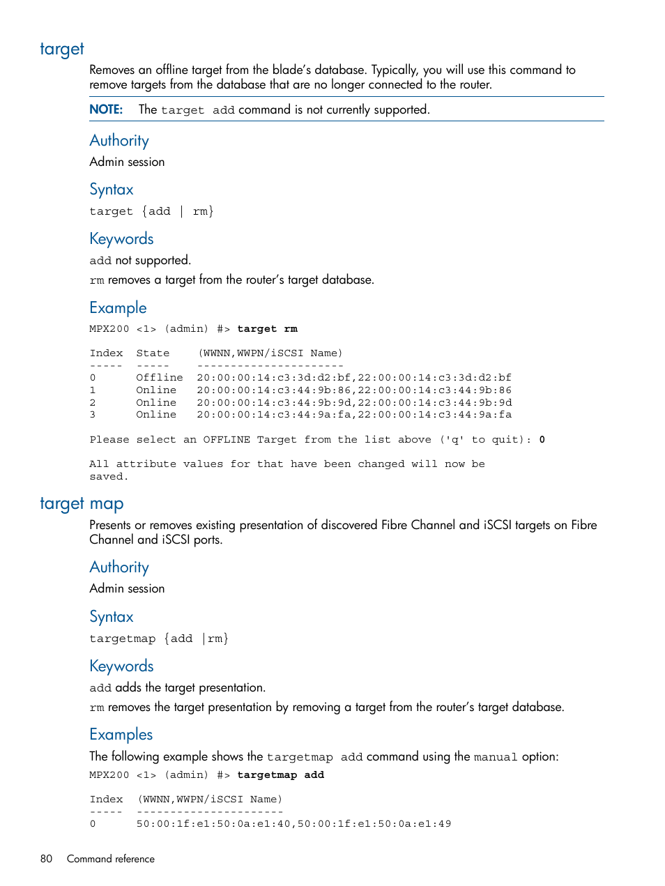 Target, Target map, Target target map | Authority, Syntax, Keywords, Example, Examples | HP MPX200 Multifunction Router User Manual | Page 80 / 147