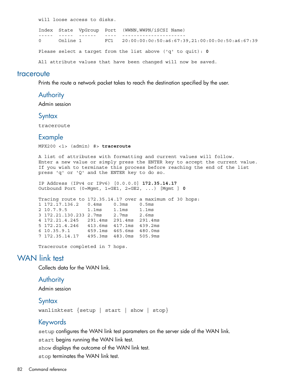 Traceroute, Wan link test, Traceroute wan link test | Authority, Syntax, Example, Keywords | HP MPX200 Multifunction Router User Manual | Page 82 / 147
