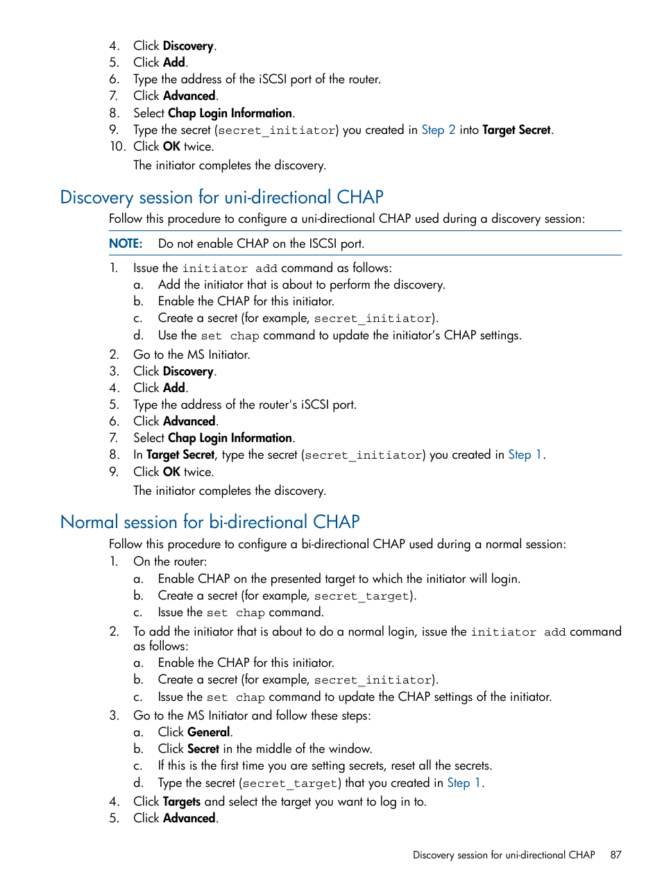 Discovery session for uni-directional chap, Normal session for bi-directional chap | HP MPX200 Multifunction Router User Manual | Page 87 / 147