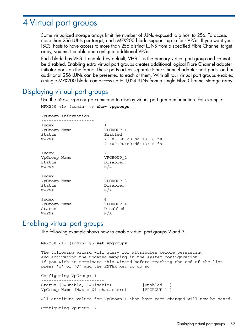 4 virtual port groups, Displaying virtual port groups, Enabling virtual port groups | HP MPX200 Multifunction Router User Manual | Page 89 / 147