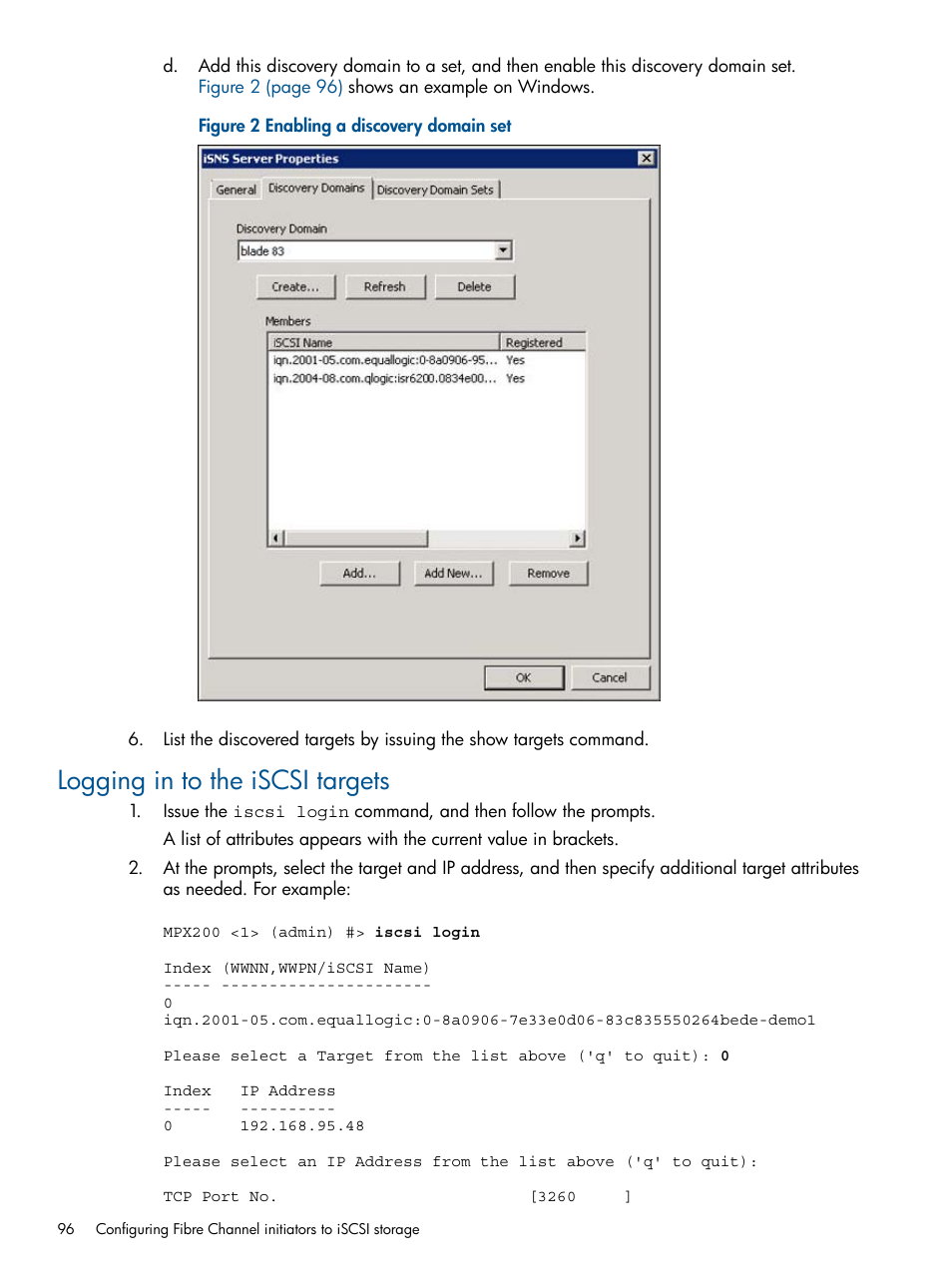 Logging in to the iscsi targets | HP MPX200 Multifunction Router User Manual | Page 96 / 147