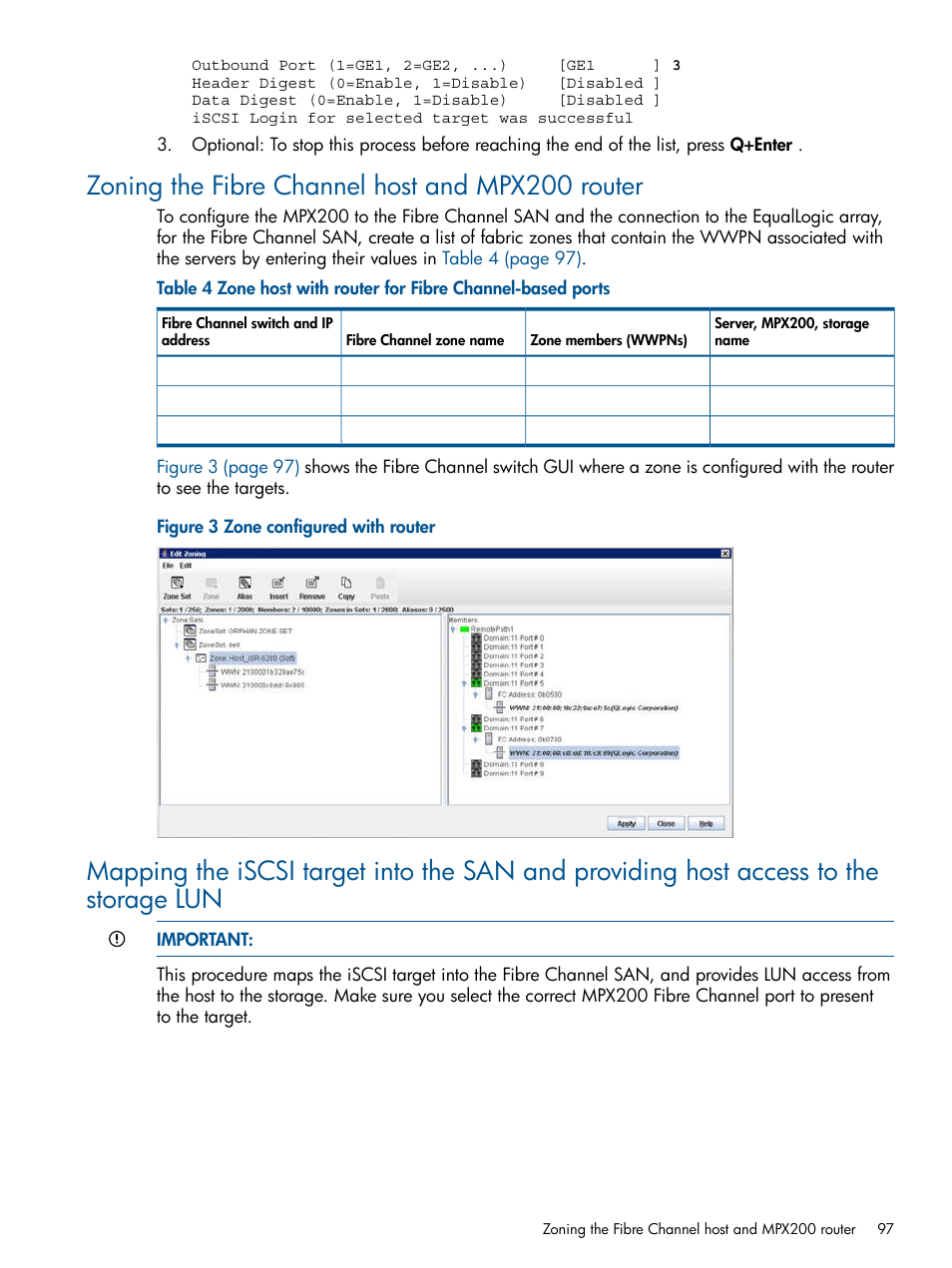 Zoning the fibre channel host and mpx200 router | HP MPX200 Multifunction Router User Manual | Page 97 / 147