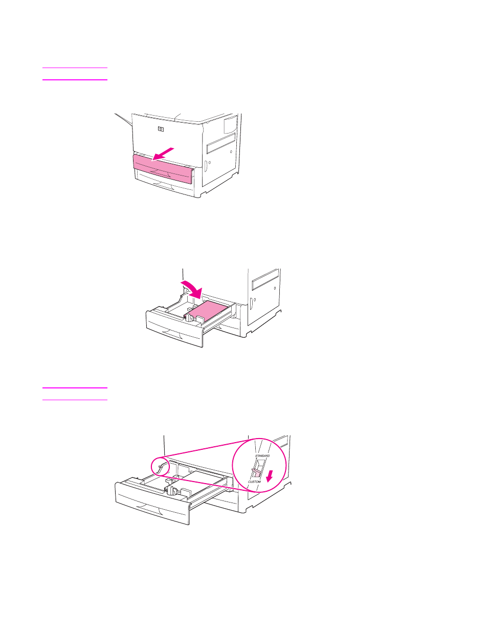 Loading custom-size paper in trays 2, 3, and 4 | HP LaserJet 9050 Printer series User Manual | Page 47 / 218