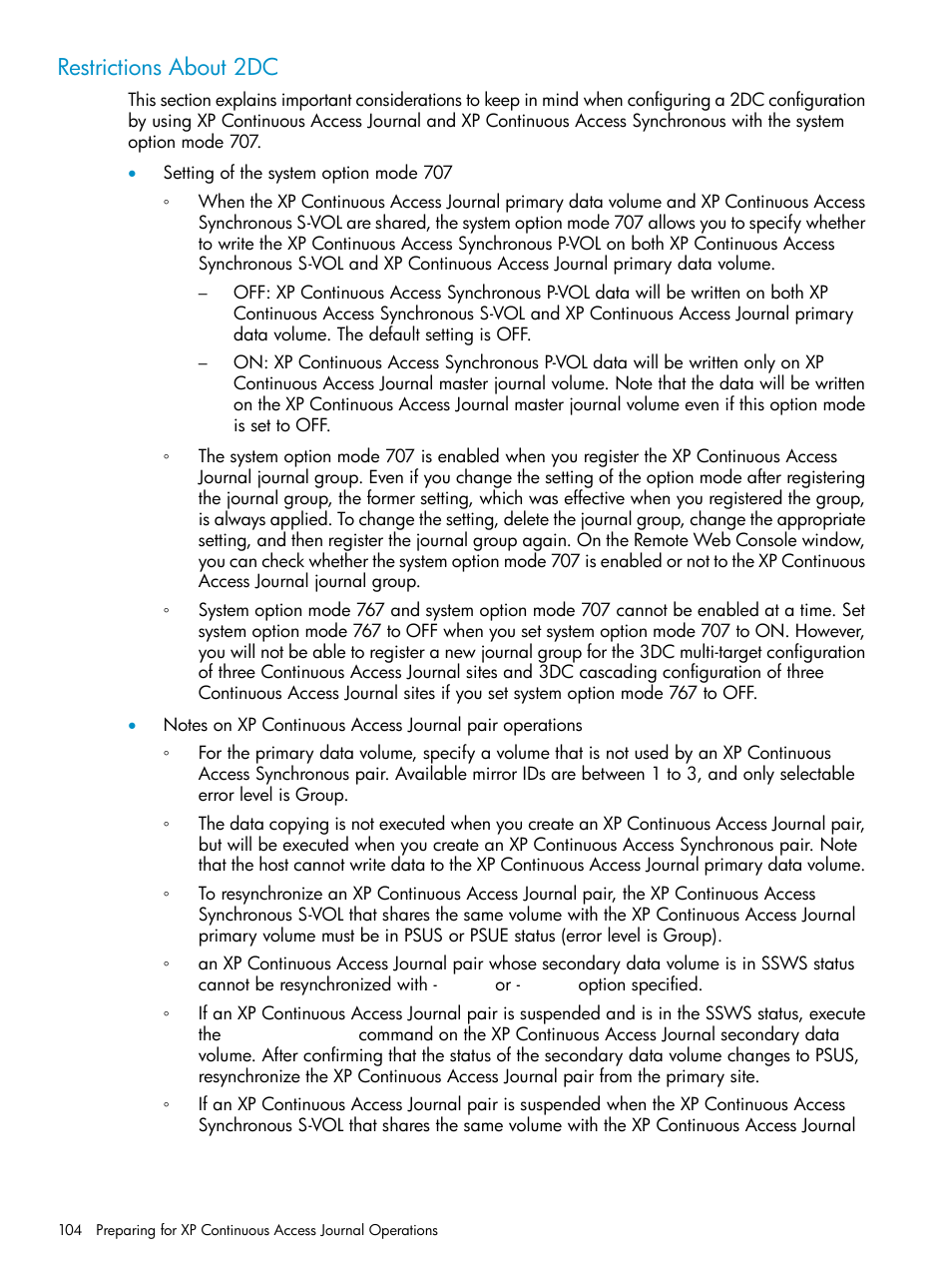 Restrictions about 2dc | HP XP Continuous Access Software User Manual | Page 104 / 248