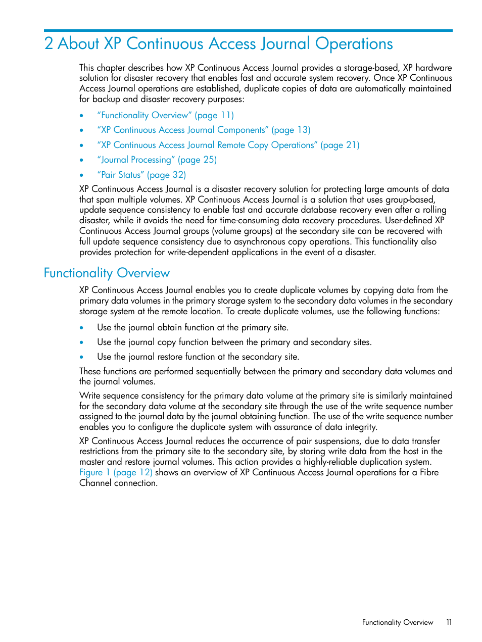 2 about xp continuous access journal operations, Functionality overview | HP XP Continuous Access Software User Manual | Page 11 / 248