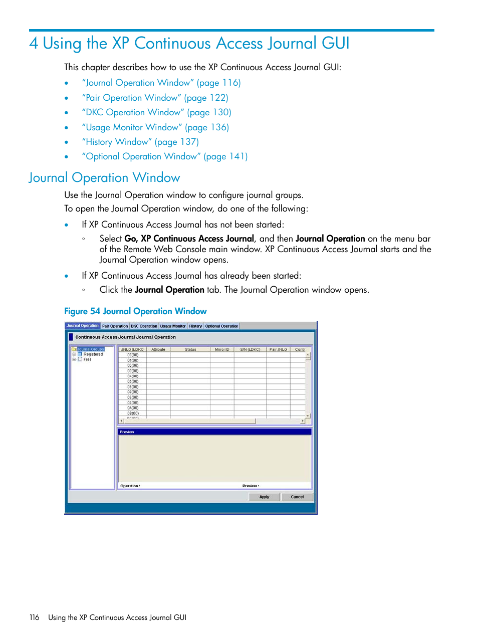 4 using the xp continuous access journal gui, Journal operation window | HP XP Continuous Access Software User Manual | Page 116 / 248