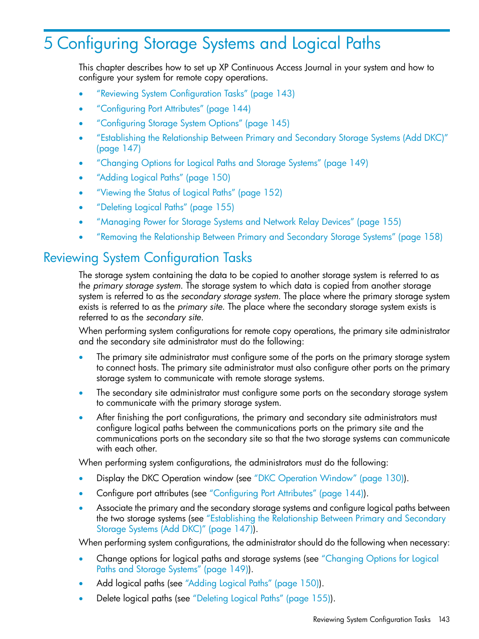 5 configuring storage systems and logical paths, Reviewing system configuration tasks | HP XP Continuous Access Software User Manual | Page 143 / 248