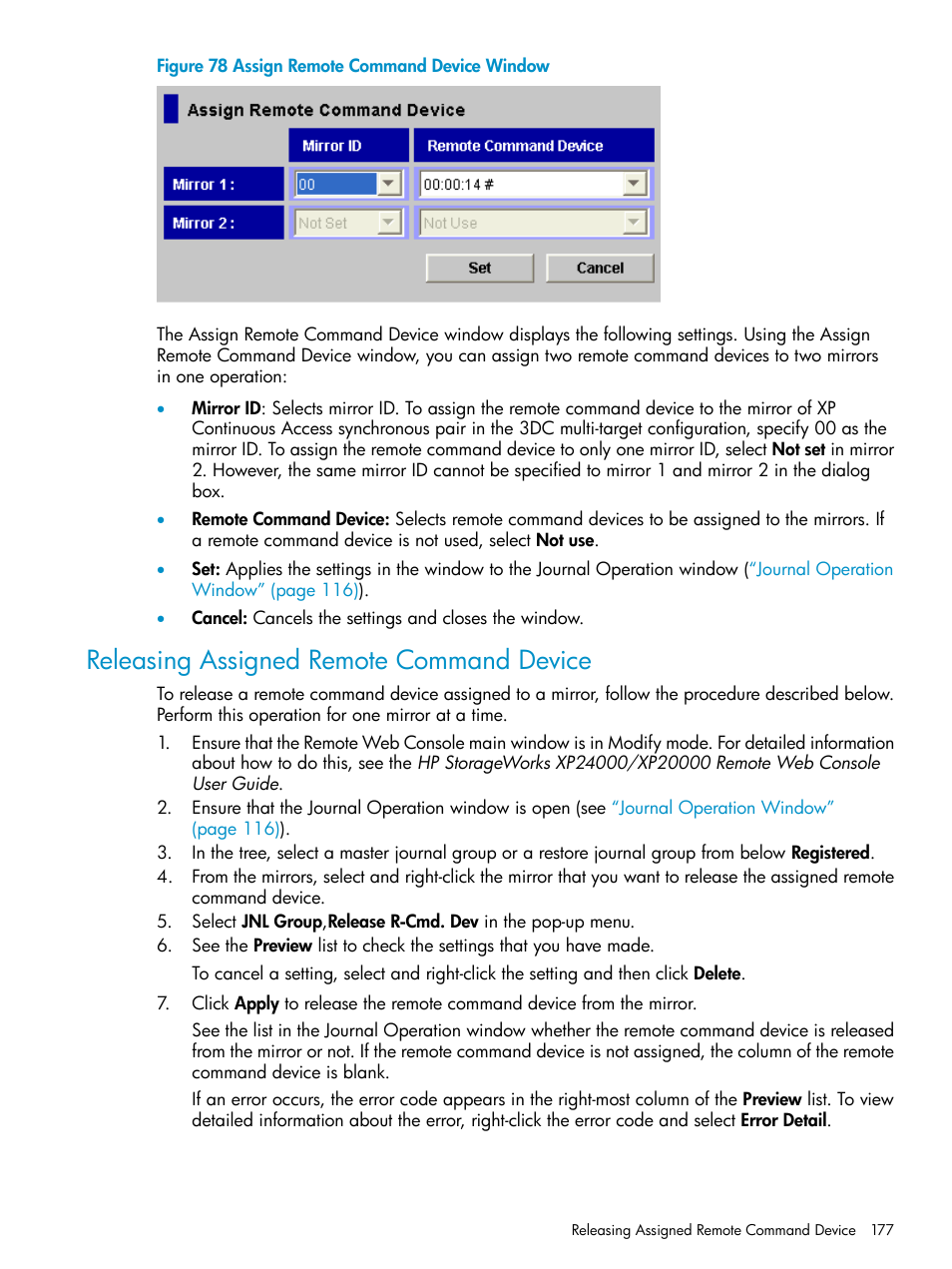 Releasing assigned remote command device | HP XP Continuous Access Software User Manual | Page 177 / 248