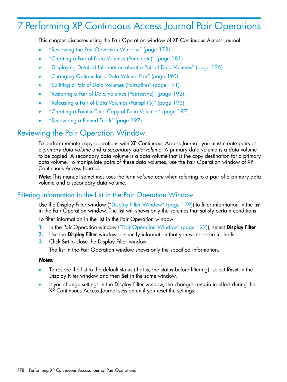 Reviewing the pair operation window, Filtering | HP XP Continuous Access Software User Manual | Page 178 / 248