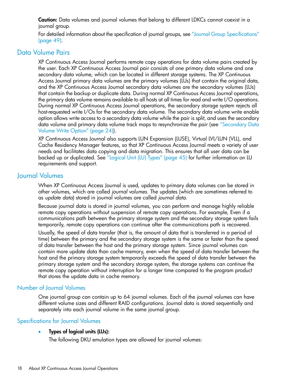 Data volume pairs, Journal volumes, Number of journal volumes | Specifications for journal volumes, Data volume pairs journal volumes | HP XP Continuous Access Software User Manual | Page 18 / 248