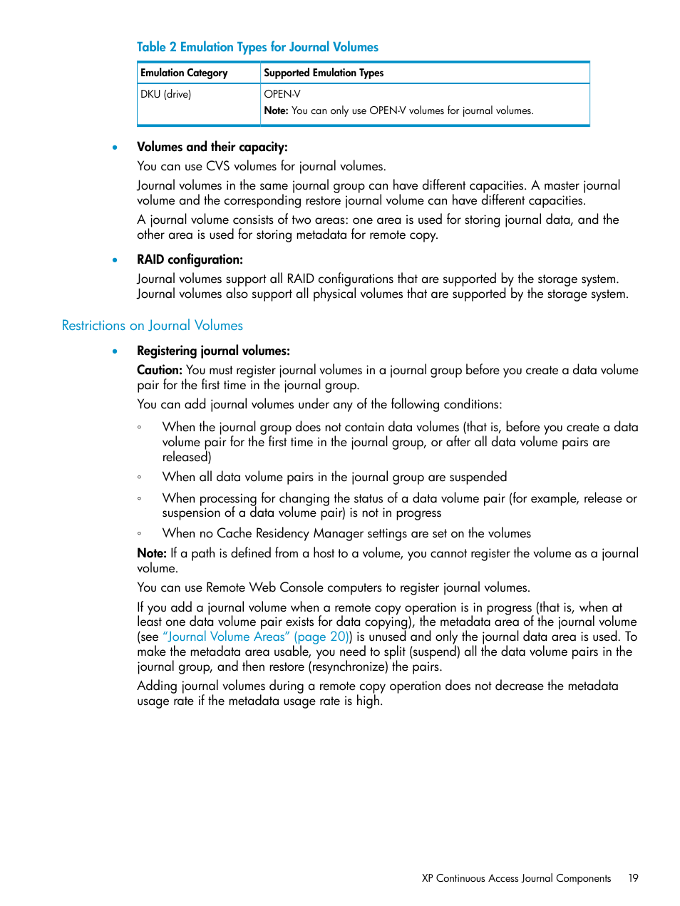 Restrictions on journal volumes | HP XP Continuous Access Software User Manual | Page 19 / 248