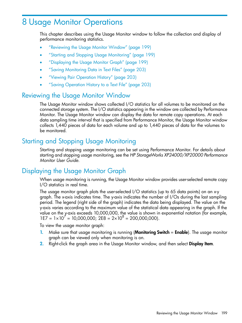 8 usage monitor operations, Reviewing the usage monitor window, Starting and stopping usage monitoring | Displaying the usage monitor graph, Usage monitor | HP XP Continuous Access Software User Manual | Page 199 / 248