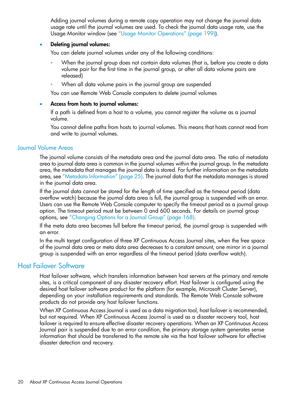 Journal volume areas, Host failover software | HP XP Continuous Access Software User Manual | Page 20 / 248