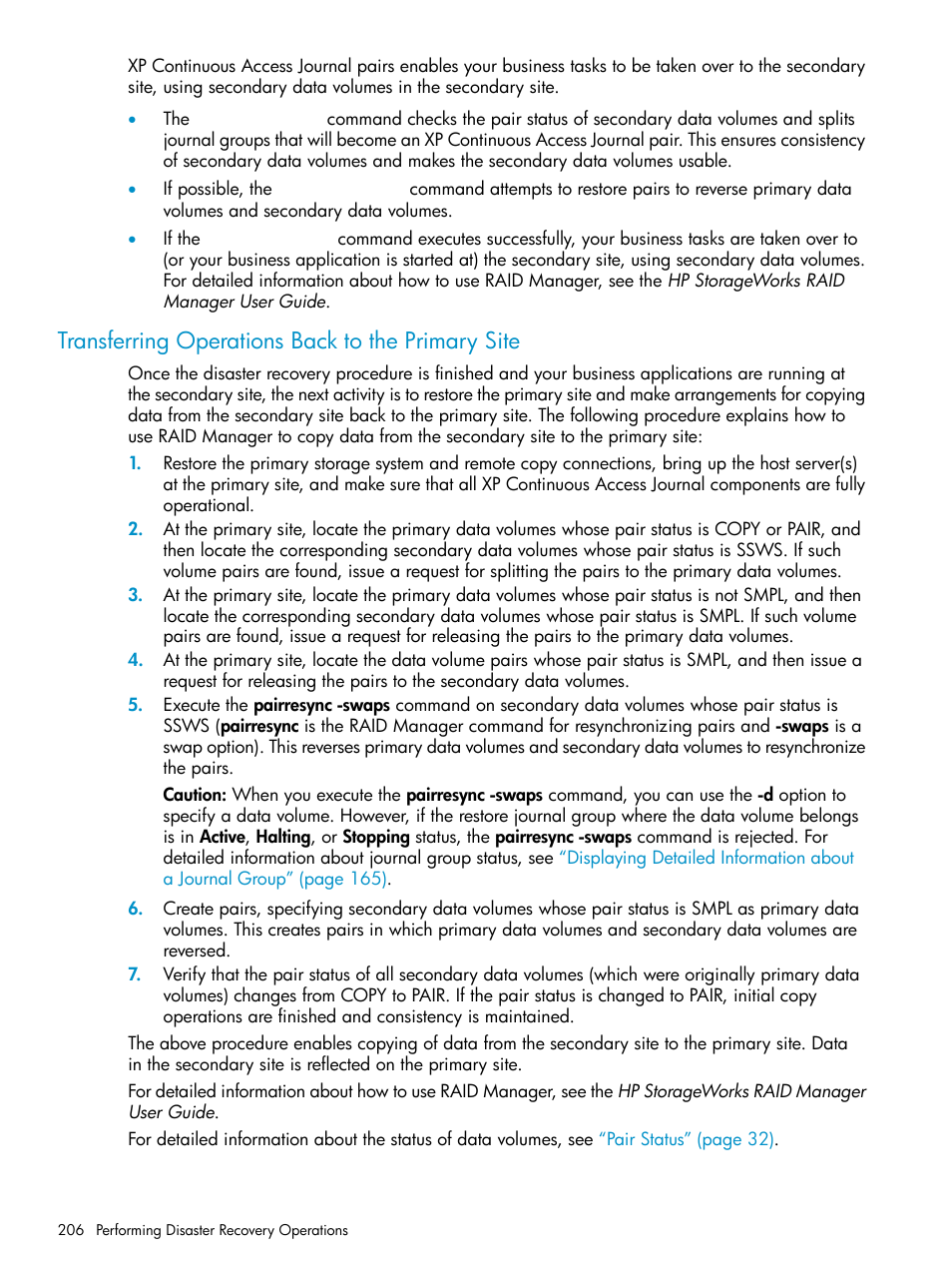 Transferring operations back to the primary site | HP XP Continuous Access Software User Manual | Page 206 / 248