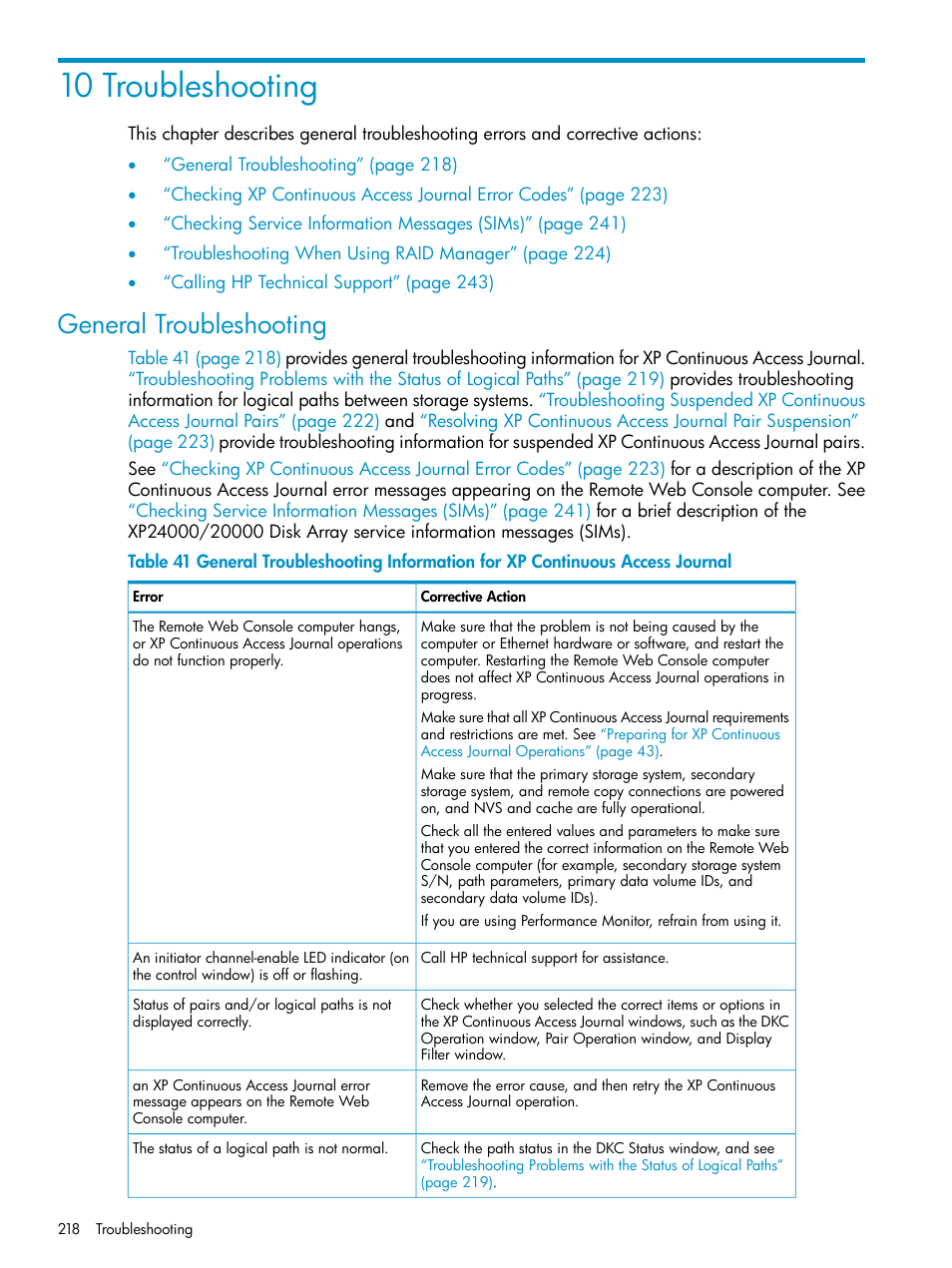 10 troubleshooting, General troubleshooting, General | HP XP Continuous Access Software User Manual | Page 218 / 248