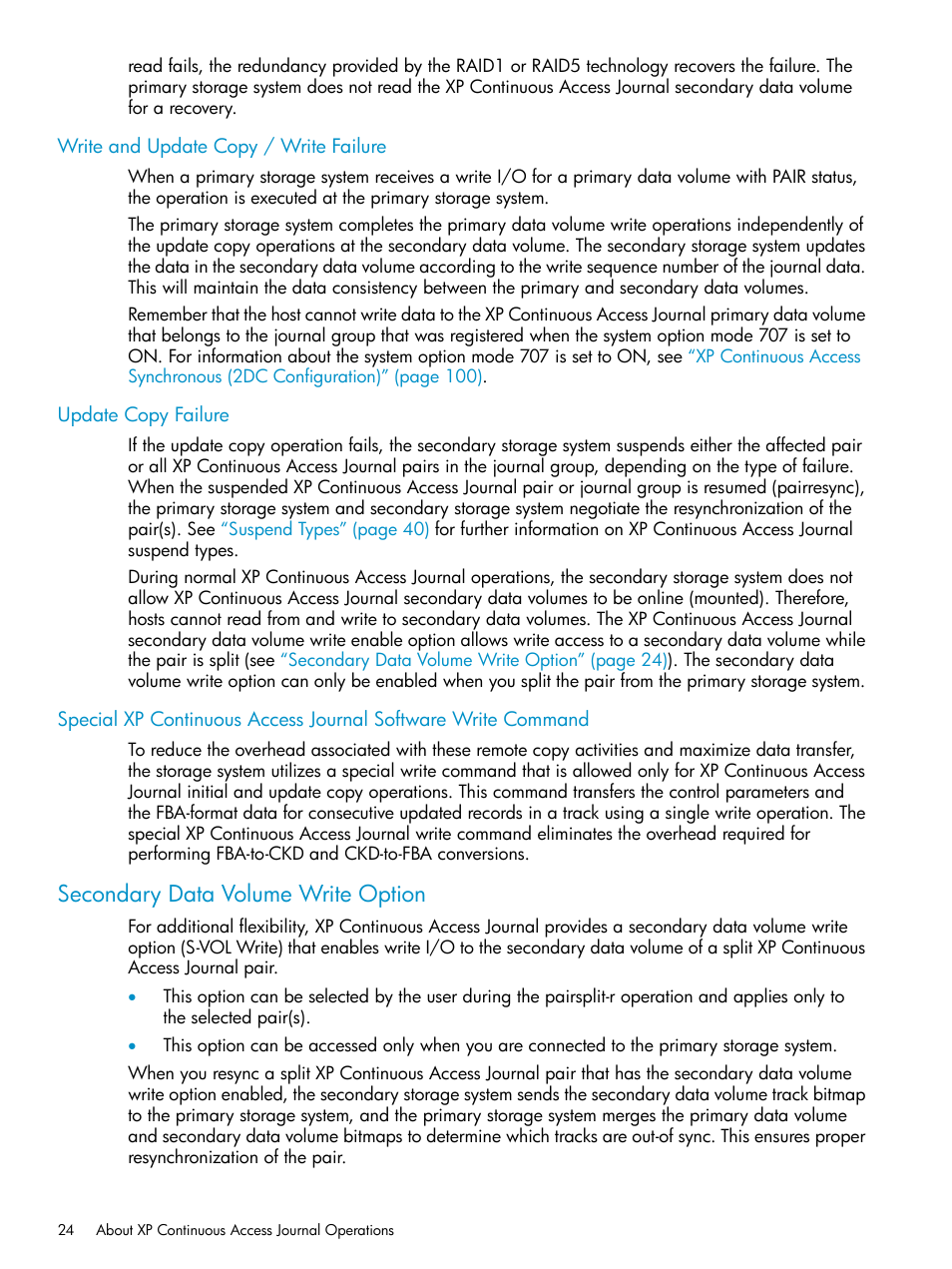 Write and update copy / write failure, Update copy failure, Secondary data volume write option | Secondary data | HP XP Continuous Access Software User Manual | Page 24 / 248