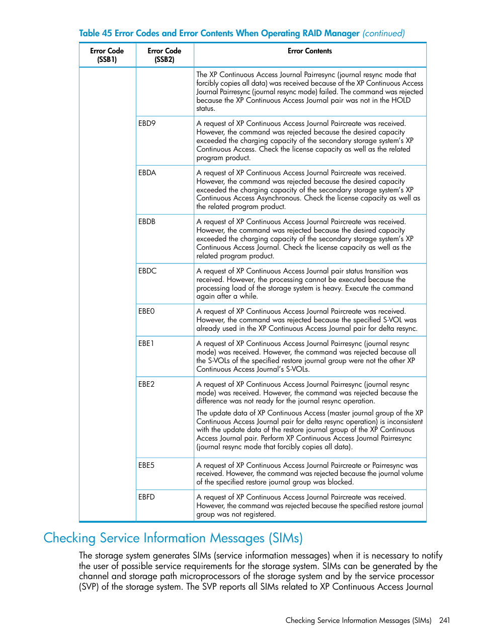 Checking service information messages (sims) | HP XP Continuous Access Software User Manual | Page 241 / 248