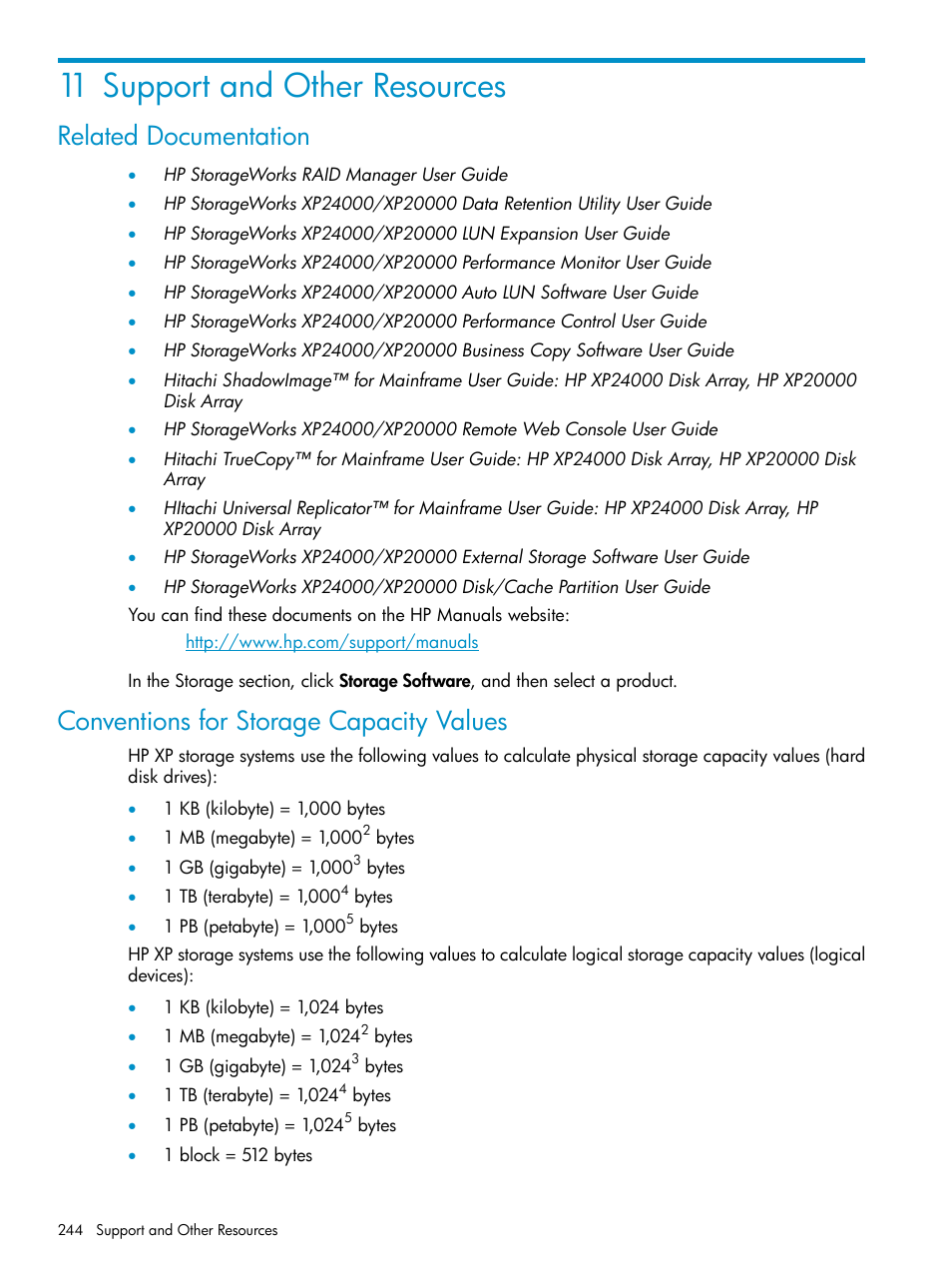 11 support and other resources, Related documentation, Conventions for storage capacity values | HP XP Continuous Access Software User Manual | Page 244 / 248