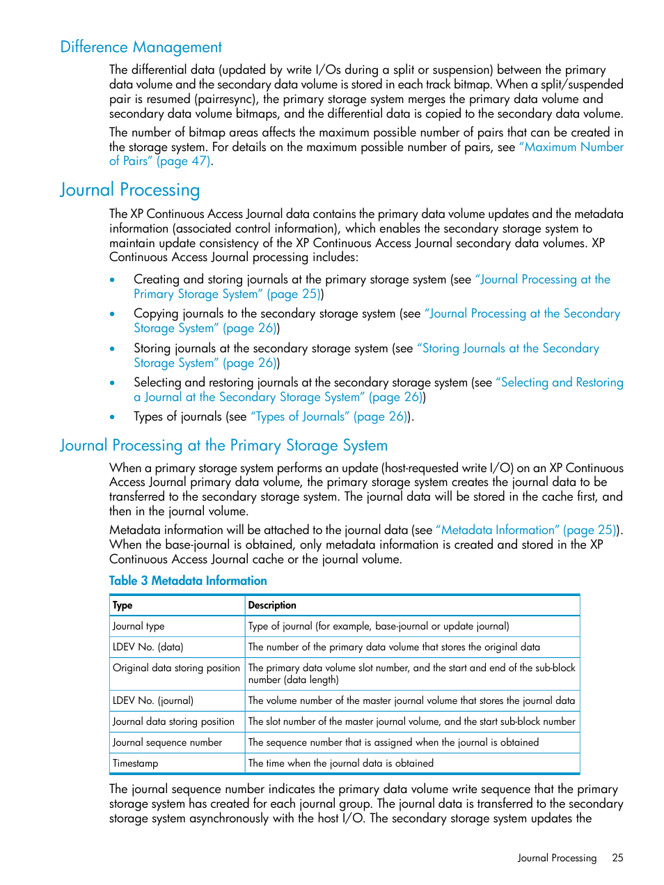 Difference management, Journal processing, Journal processing at the primary storage system | HP XP Continuous Access Software User Manual | Page 25 / 248