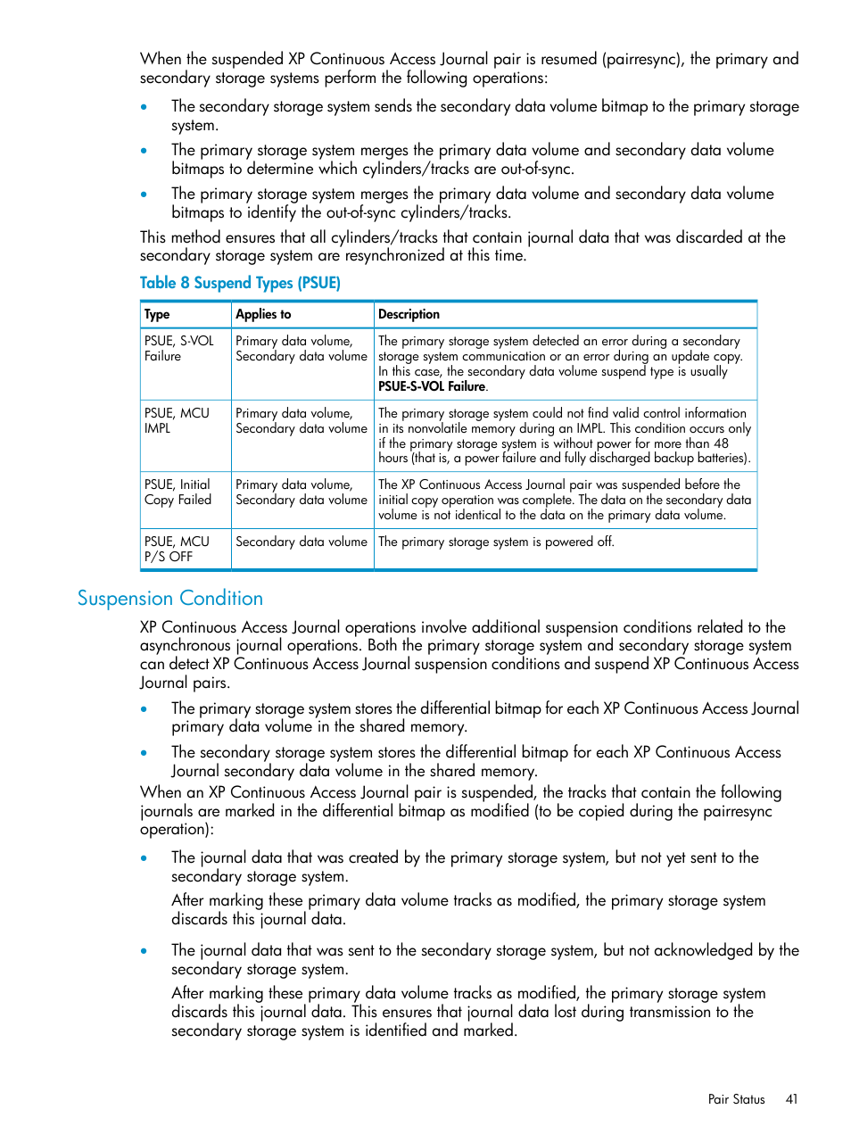 Suspension condition, Suspend types | HP XP Continuous Access Software User Manual | Page 41 / 248