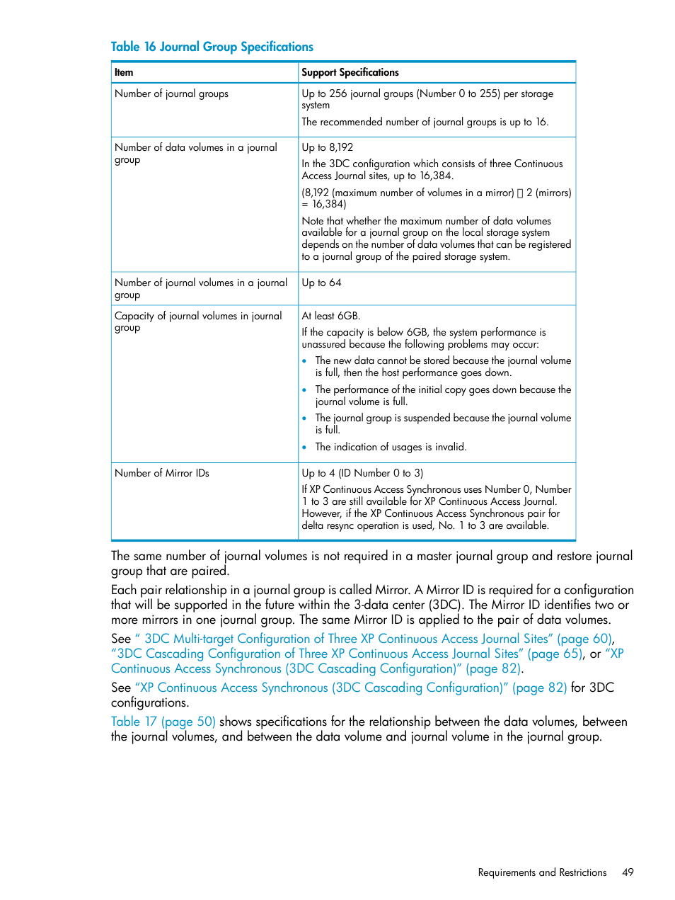 Journal group specifications | HP XP Continuous Access Software User Manual | Page 49 / 248