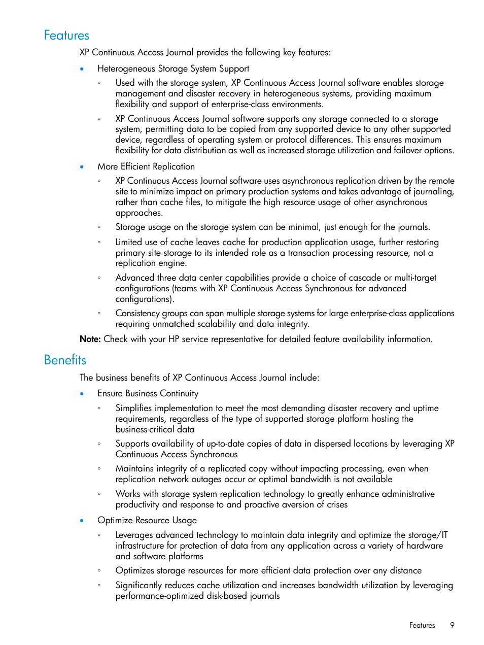 Features, Benefits, Features benefits | HP XP Continuous Access Software User Manual | Page 9 / 248