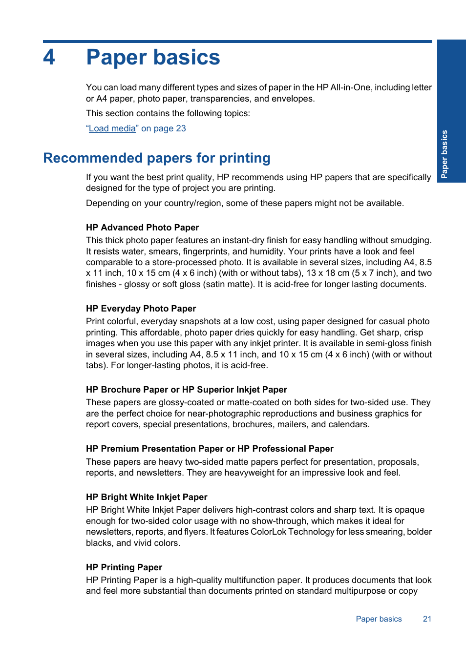 Paper basics, Recommended papers for printing, 4 paper basics | 4paper basics | HP Officejet 4400 All-in-One Printer - K410a User Manual | Page 23 / 106