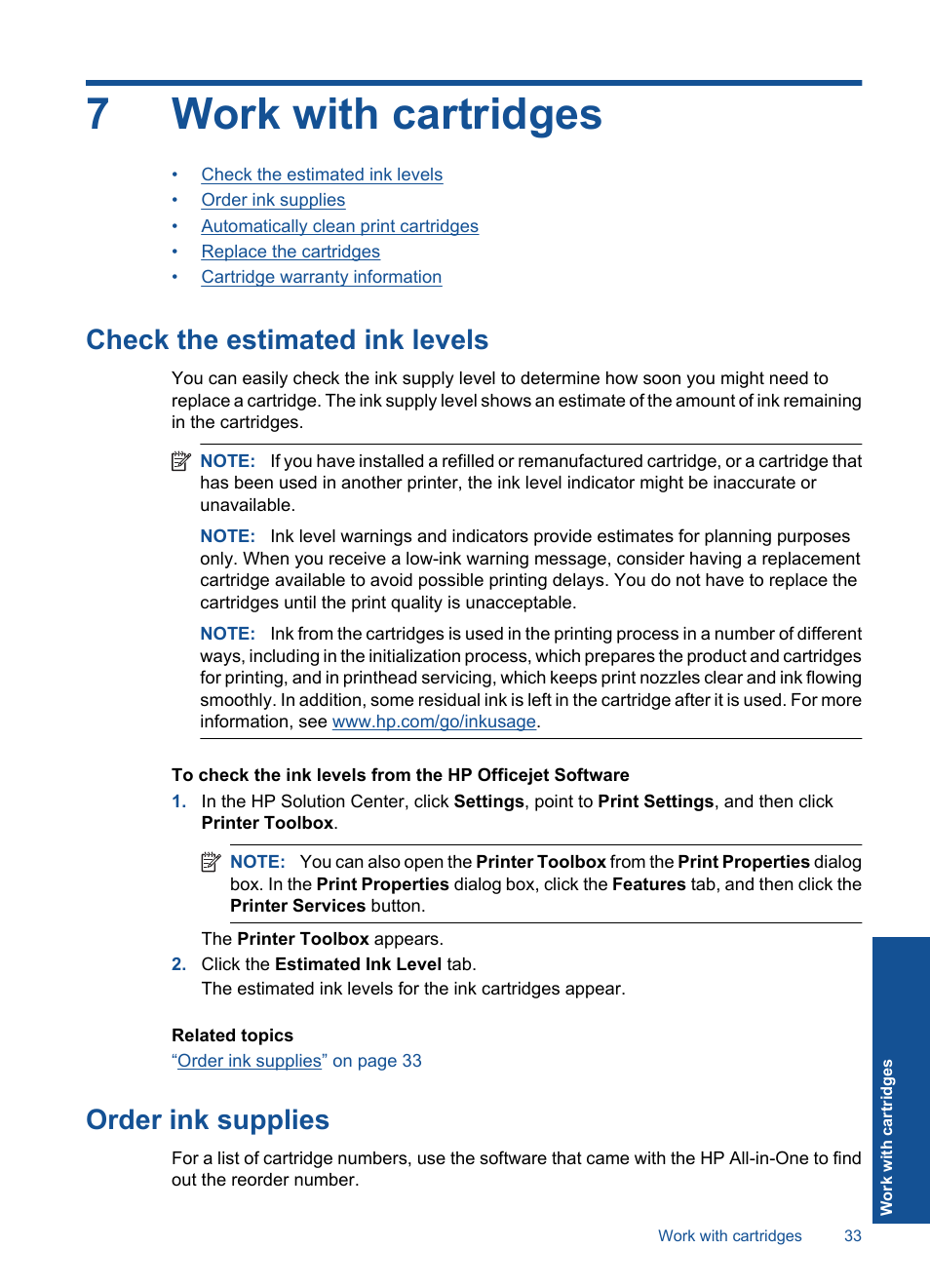 Work with cartridges, Check the estimated ink levels, Order ink supplies | 7 work with cartridges, Check the estimated ink levels order ink supplies, 7work with cartridges | HP Officejet 4400 All-in-One Printer - K410a User Manual | Page 35 / 106