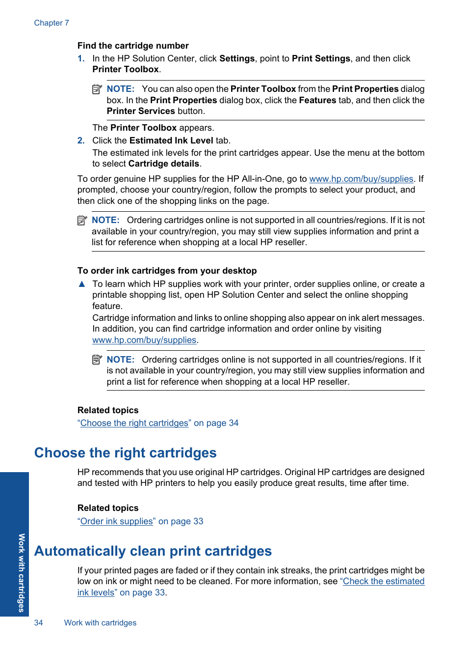 Automatically clean print cartridges, Choose the right cartridges | HP Officejet 4400 All-in-One Printer - K410a User Manual | Page 36 / 106