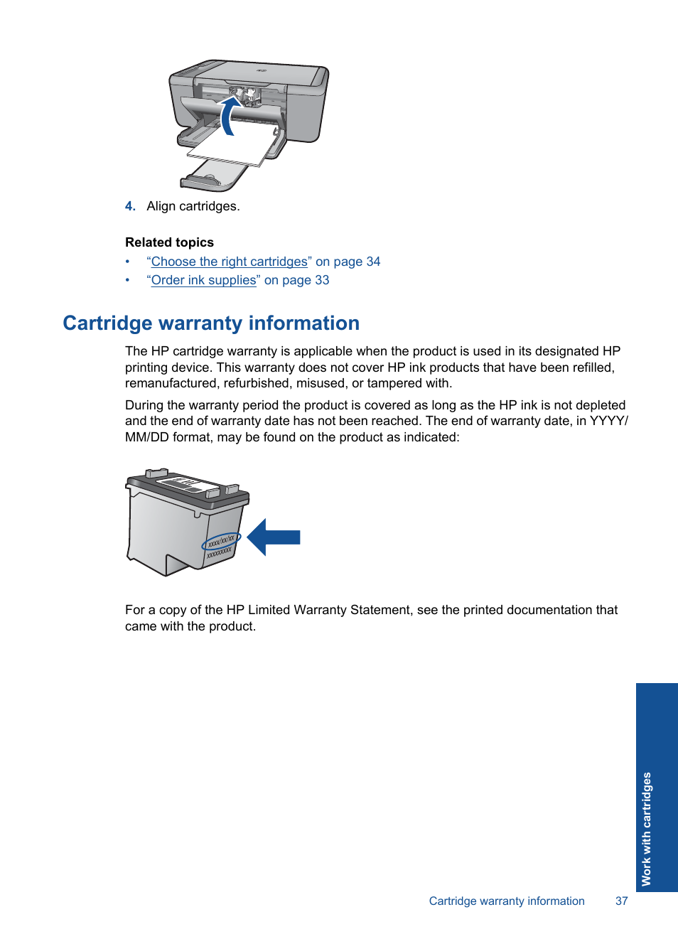 Cartridge warranty information | HP Officejet 4400 All-in-One Printer - K410a User Manual | Page 39 / 106