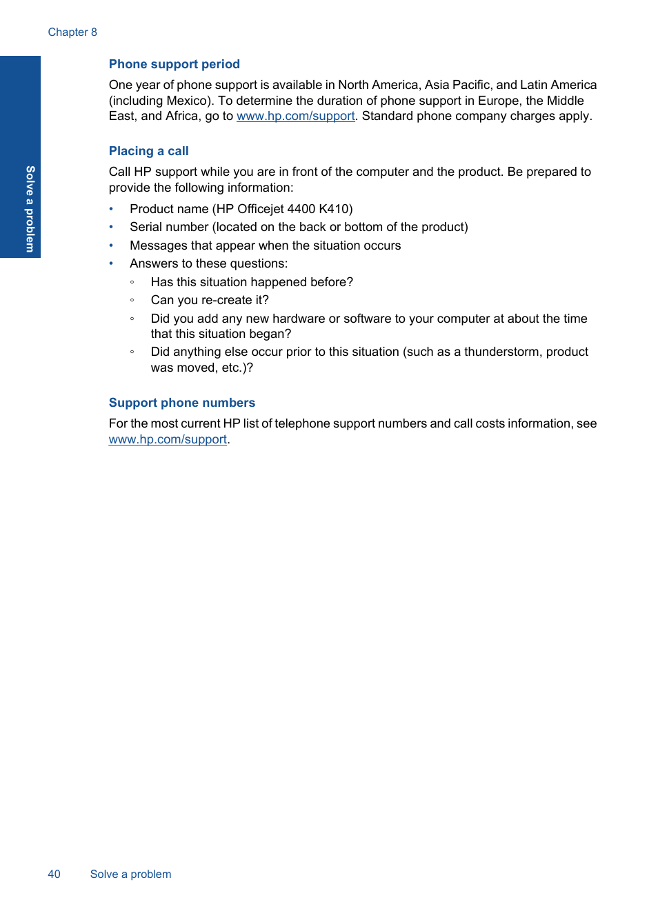 Phone support period, Placing a call, Support phone numbers | HP Officejet 4400 All-in-One Printer - K410a User Manual | Page 42 / 106