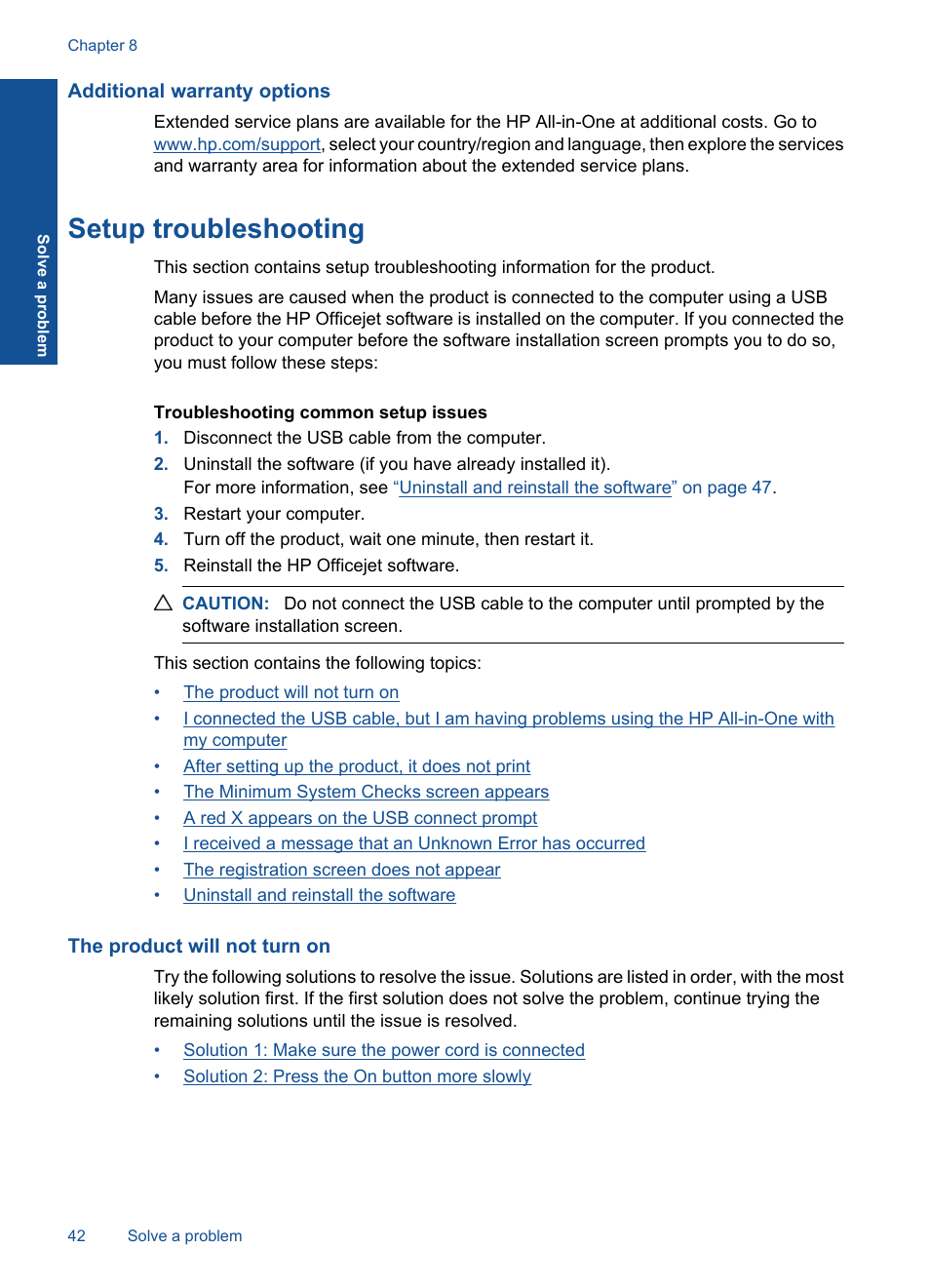 Additional warranty options, Setup troubleshooting, The product will not turn on | HP Officejet 4400 All-in-One Printer - K410a User Manual | Page 44 / 106