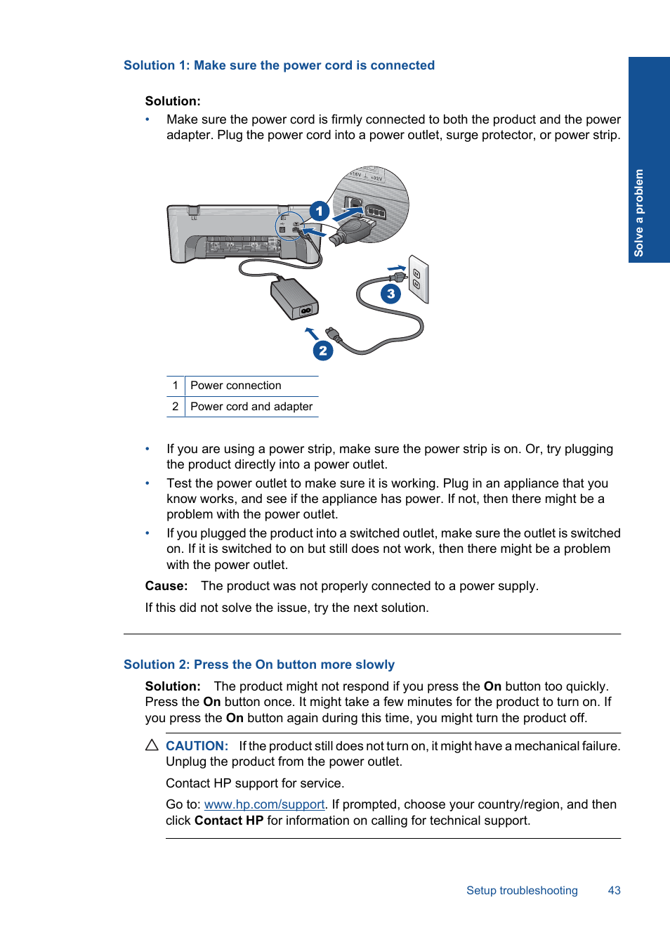 Solution 1: make sure the power cord is connected, Solution 2: press the on button more slowly | HP Officejet 4400 All-in-One Printer - K410a User Manual | Page 45 / 106