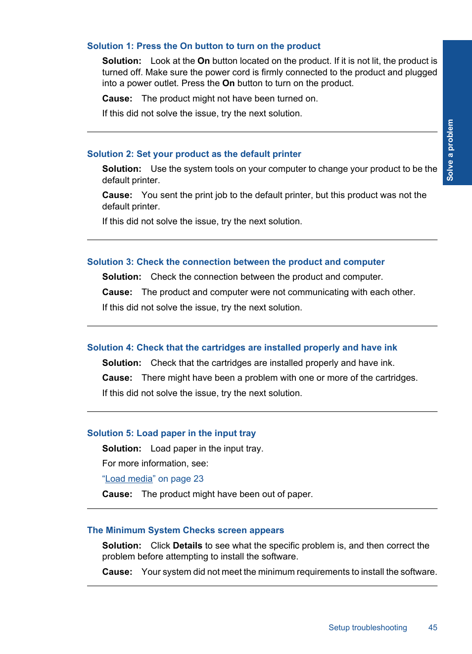 The minimum system checks screen appears, Solution 5: load paper in the input tray | HP Officejet 4400 All-in-One Printer - K410a User Manual | Page 47 / 106