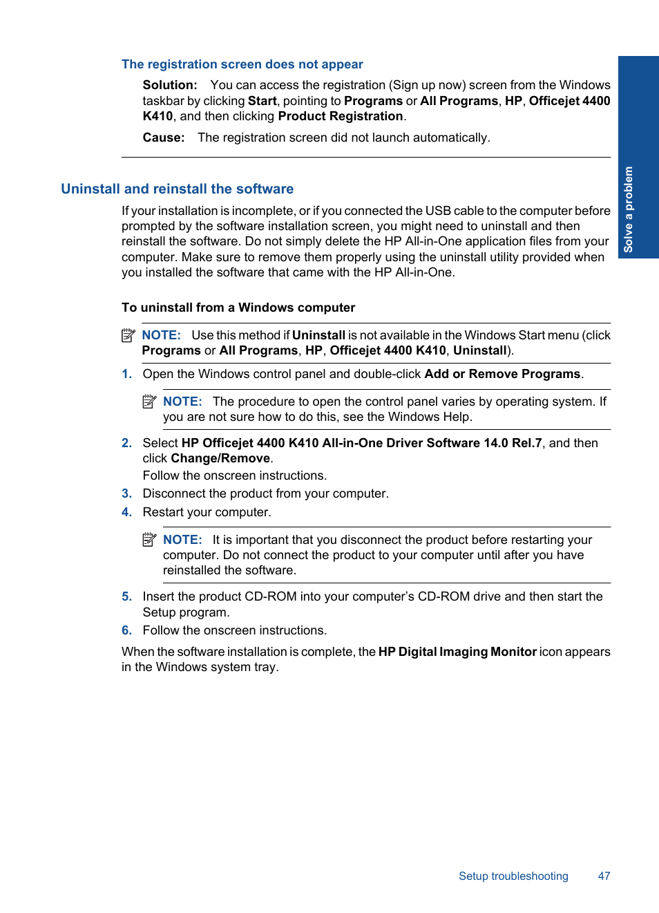 Uninstall and reinstall the software, The registration screen does not appear | HP Officejet 4400 All-in-One Printer - K410a User Manual | Page 49 / 106