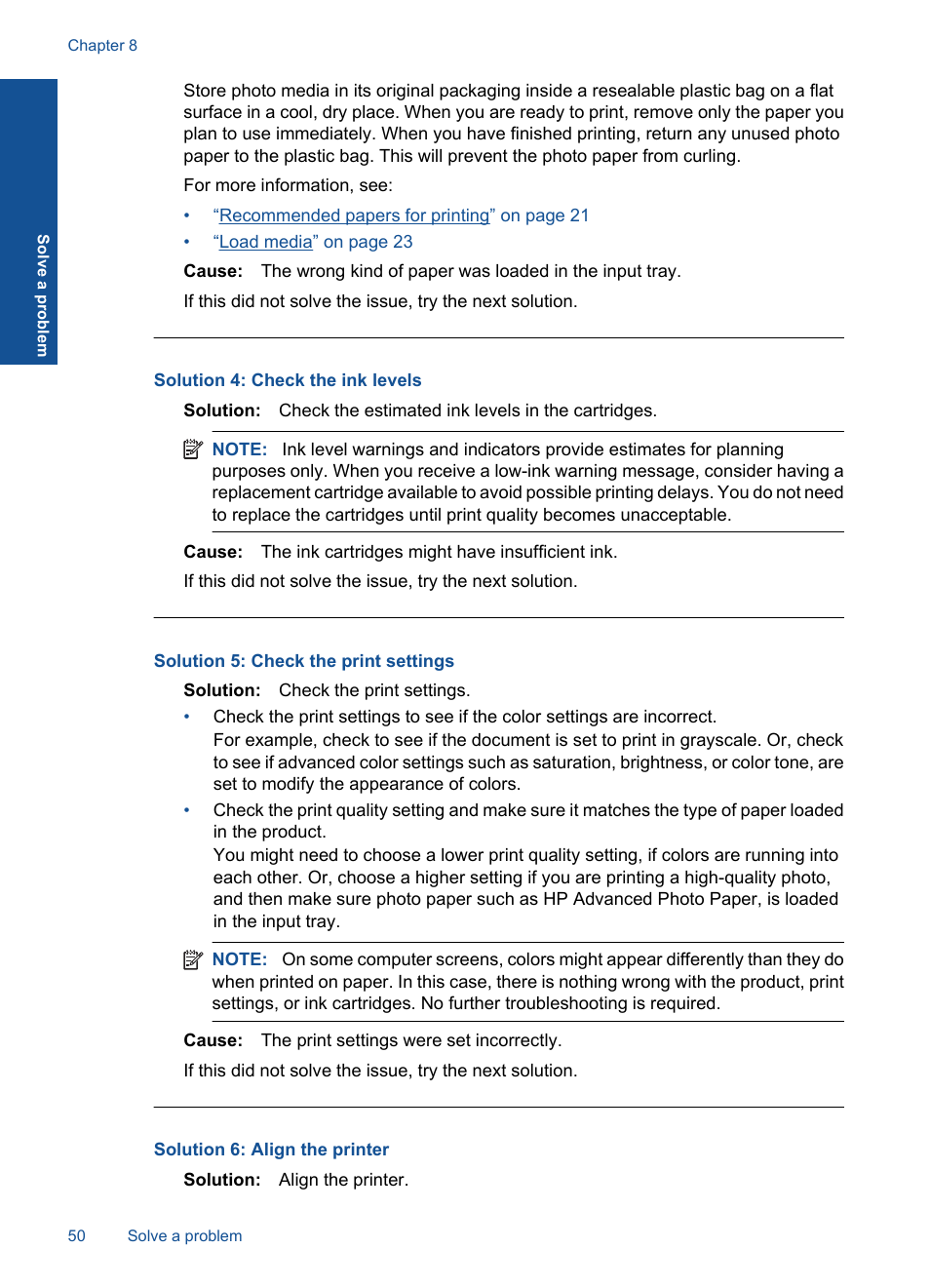 Solution 4: check the ink levels, Solution 5: check the print settings, Solution 6: align the printer | HP Officejet 4400 All-in-One Printer - K410a User Manual | Page 52 / 106