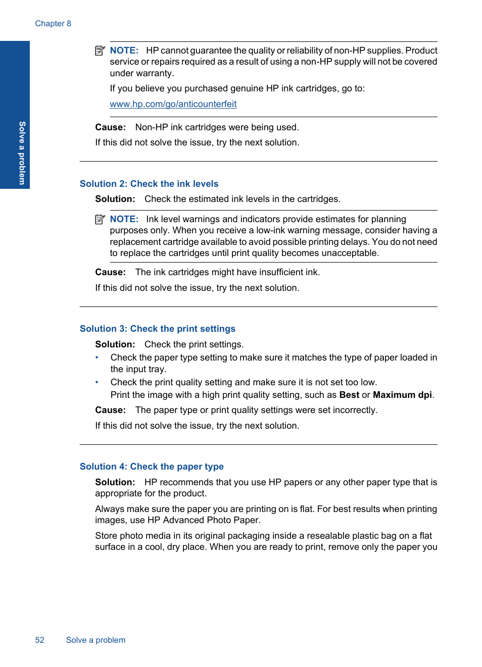Solution 2: check the ink levels, Solution 3: check the print settings, Solution 4: check the paper type | HP Officejet 4400 All-in-One Printer - K410a User Manual | Page 54 / 106
