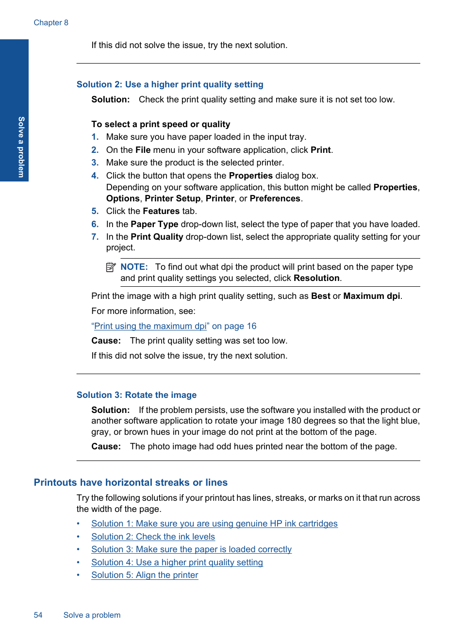 Printouts have horizontal streaks or lines, Solution 2: use a higher print quality setting, Solution 3: rotate the image | HP Officejet 4400 All-in-One Printer - K410a User Manual | Page 56 / 106