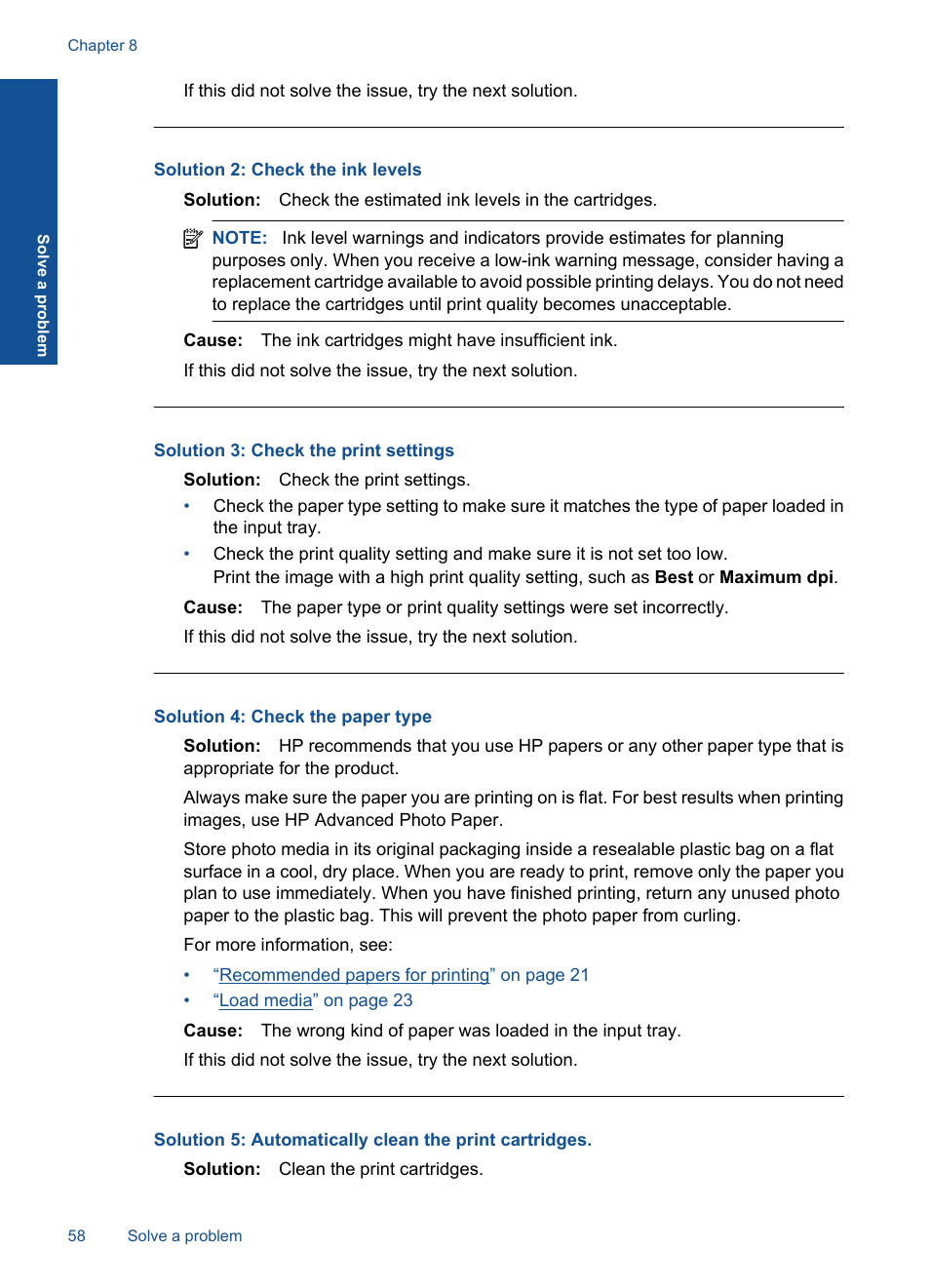 Solution 2: check the ink levels, Solution 3: check the print settings, Solution 4: check the paper type | HP Officejet 4400 All-in-One Printer - K410a User Manual | Page 60 / 106
