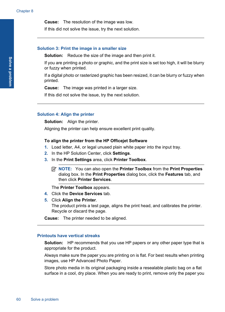 Printouts have vertical streaks, Solution 3: print the image in a smaller size, Solution 4: align the printer | HP Officejet 4400 All-in-One Printer - K410a User Manual | Page 62 / 106